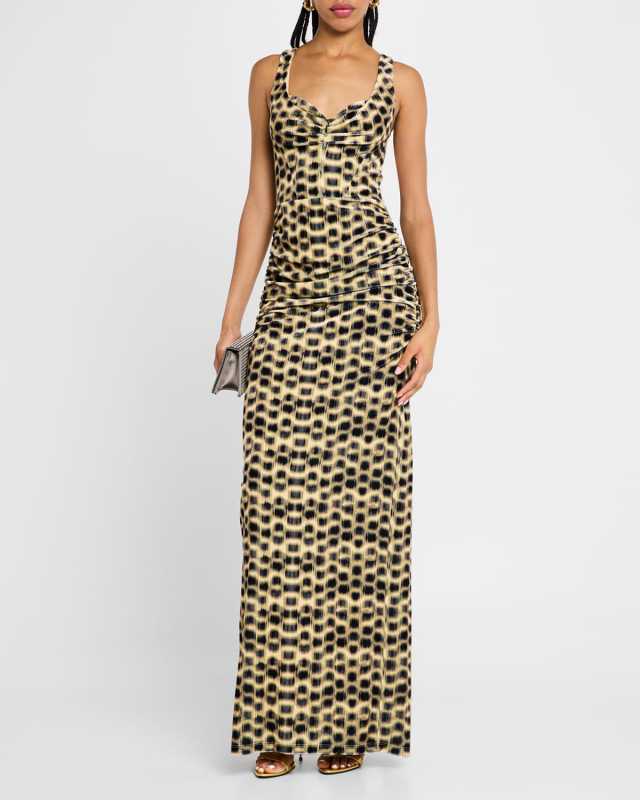 Wilder Ruched Animal-Print Velvet Gown